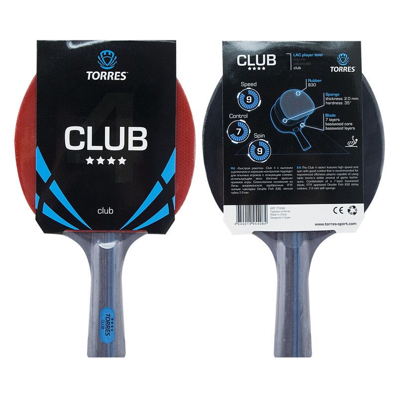 Ракетка для настольного тенниса TORRES CLUB 4,для тренировок,накладка 2 мм